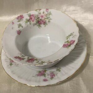 Mayonaise Bowl w Underplate. Schwarzburg Germany. Pink Floral. Porcelain. AL